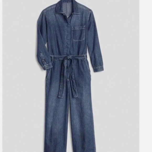 Gap blue denim work Jumpsuit Overalls wide leg tie belt size 4T tall - Picture 4 of 16